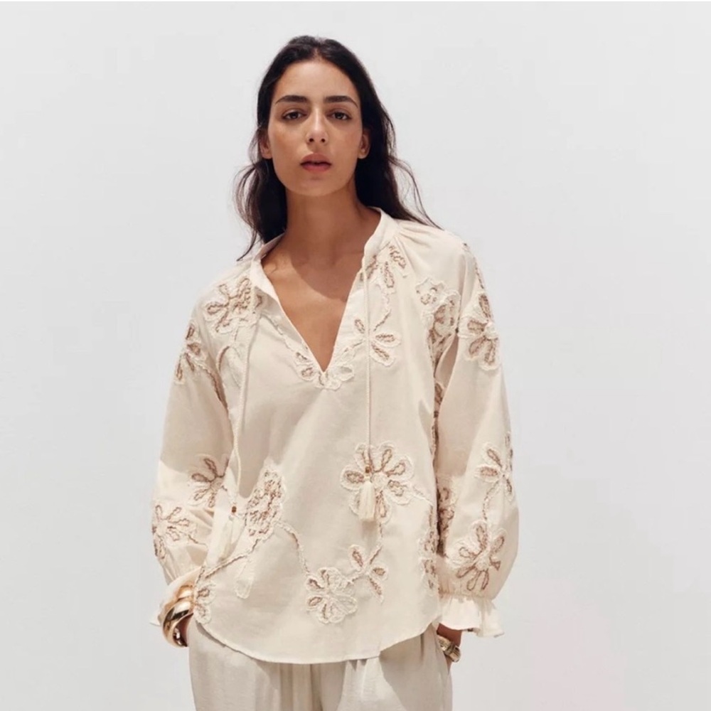 Zara Ecru Embroidered V-Neck Blouse - Cream